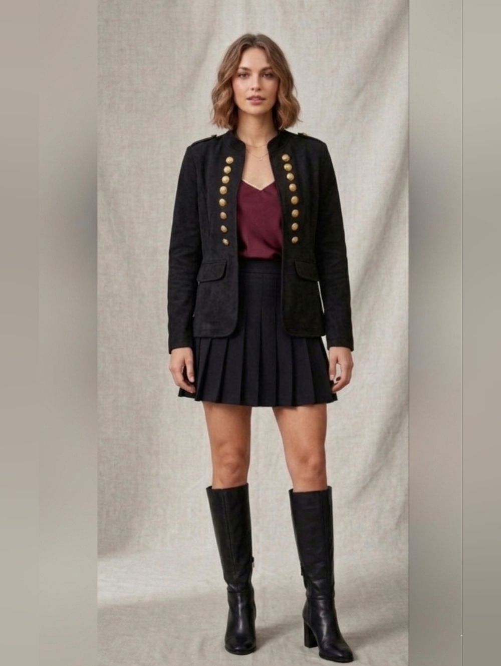 Napoleon Military Jacket Black Faux Suede Gold Button Officer Dark Academia XS